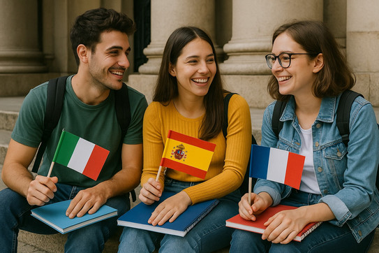 3 internationale Studierende mit Fahnen auf dem Schoss