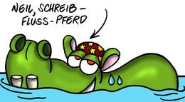 Cartoon Neil Schreibflusspferd (hippo writing flow)
