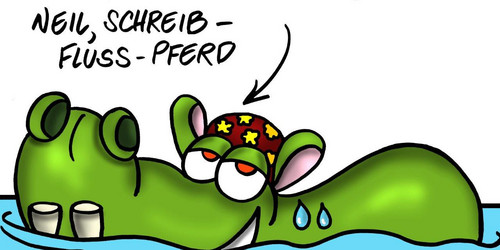 Cartoon Neil Schreibflusspferd (hippo writing flow)