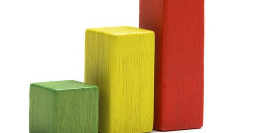 3 building blocks ascending size green, yellow, red