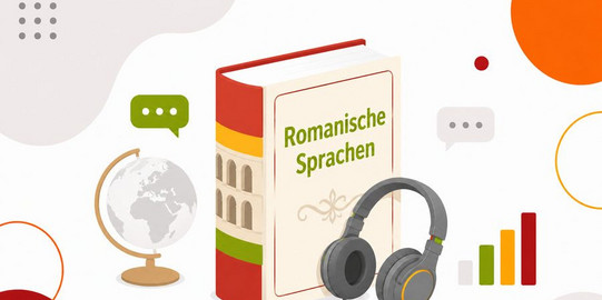 Aufgestelltes Buch in Grün mit Aufschrift Italienisch, Kopfhörer auf dem Buch platziert