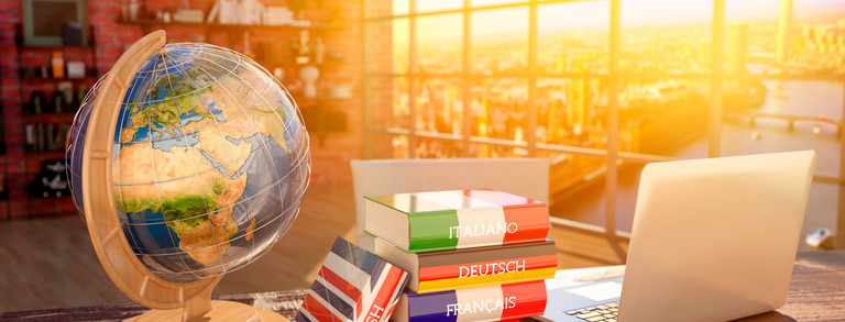 Weltkugel und Sprachlehrbücher