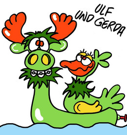 Cartoon Ulf Elch und Gerda Schnepfe (moose and snipe)