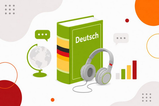Set up book in orange with inscription German, headphones placed on the book