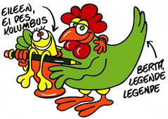 Cartoon Berta and Eilleen, hen and egg