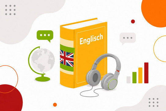 Aufgestelltes Buch in Blau mit Aufschrift Englisch, Kopfhörer auf dem Buch platziert