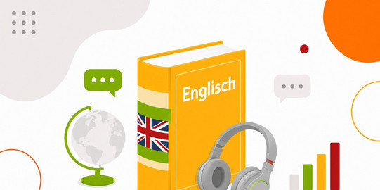 Aufgestelltes Buch in Blau mit Aufschrift Englisch, Kopfhörer auf dem Buch platziert